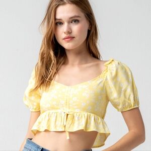Yellow Floral Cinch Crop Peplum Top (L)